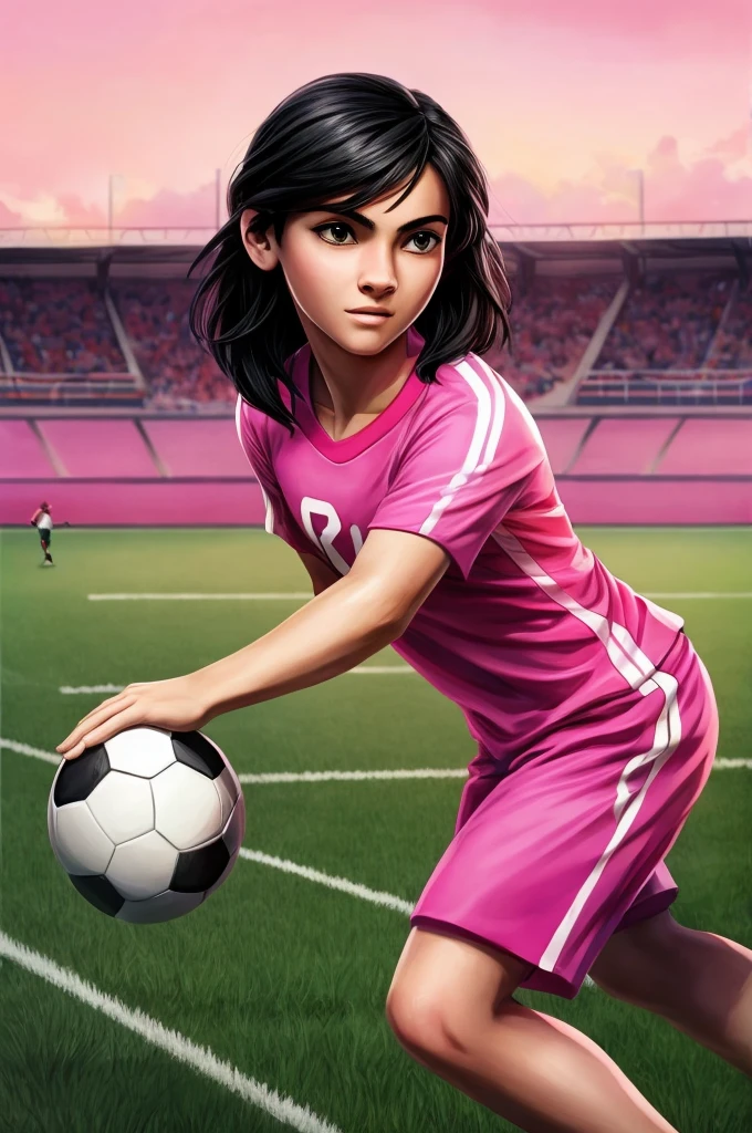 ((best quality)), ((masterpiece)), (detailed), perfect face tender with black hair, playing soccer on a soccer field with a pink shirt pink background with soccer field