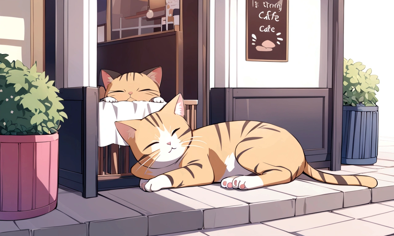 Cat sleeping in front of a cafe