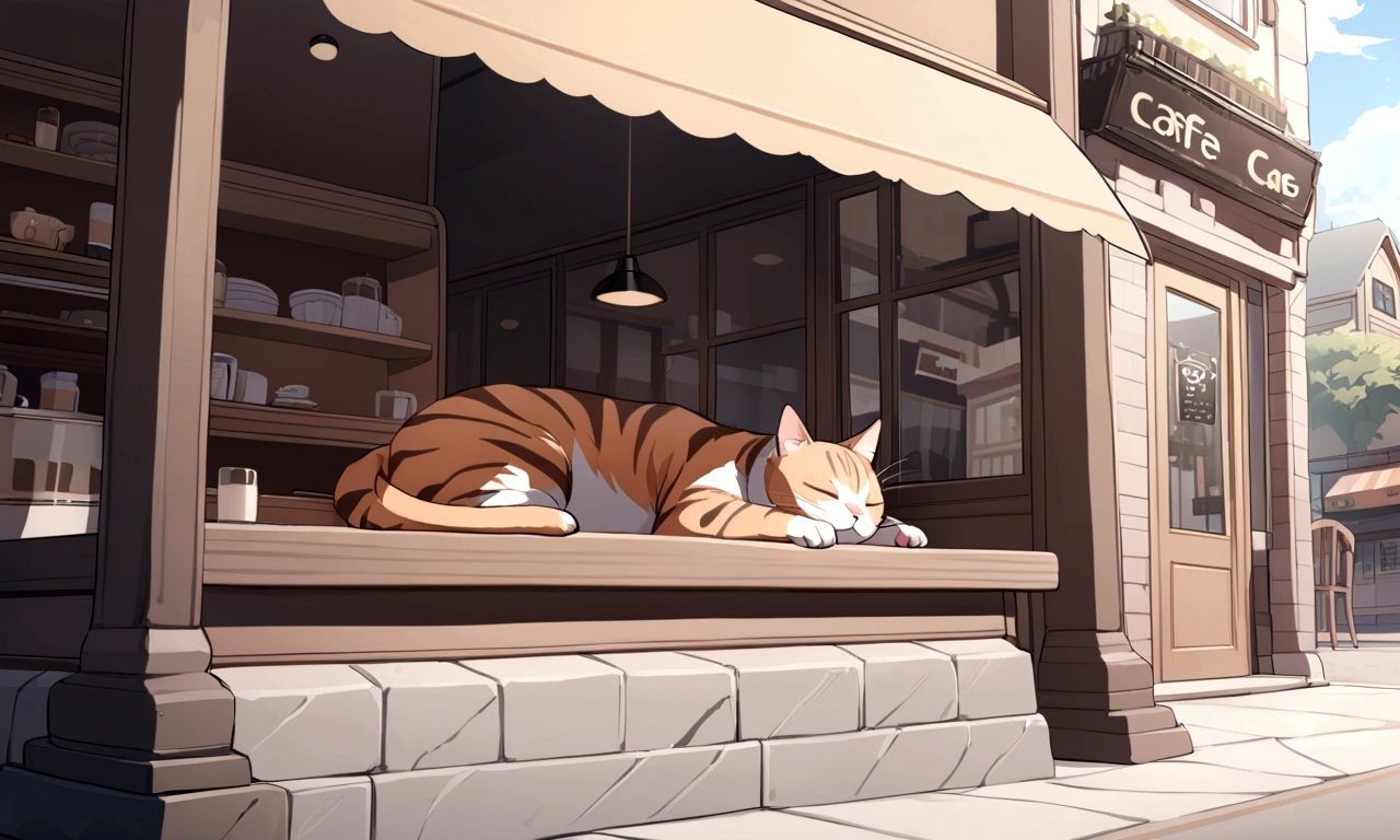 Cat sleeping in front of a cafe