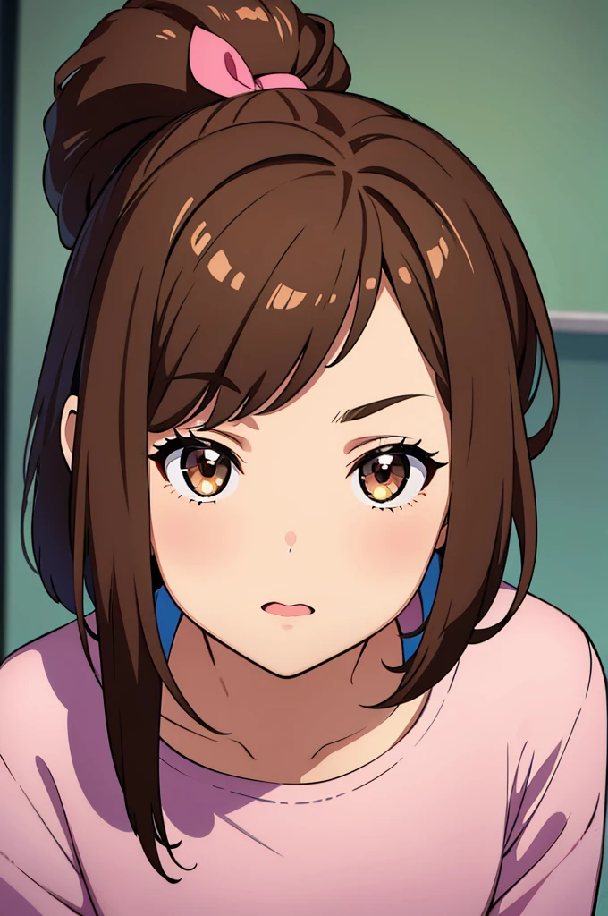 Create a girl (12 years old) with messy short hair and a ponytail. With a little pink clip on her hair, brown hair, brown eyes and also white skin