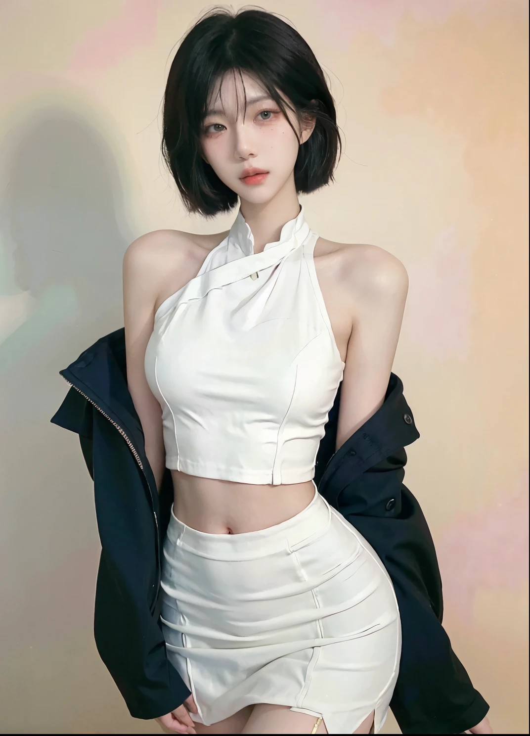 Beautiful woman with perfect figure:1.4，Ultra-high resolution，White background，（Realism:1.4)，Layered hairstyle，White skin，JK:1.5，Super short pleated skirt，whole body：1.4，Very delicate and skin texture，Double eyelids，Skin Whitening，short hair，White hair
