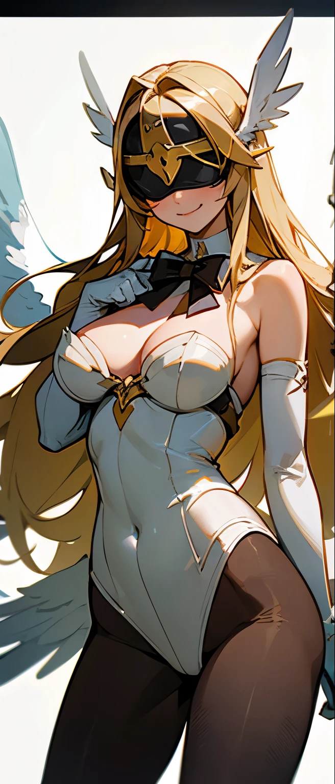 Angewomon,Angel Gate, Long hair, helmet, Blonde hair, breast, Blindfold, wing, angel wing, multiple wing, Gloves, Bare shoulders, head wing, large breast, winged helmet, Pantyhose, Strapless bodysuit, bow tie, Smile, Cowboy shooting, Very detailed, HD, 4K, masterpiece, high resolution