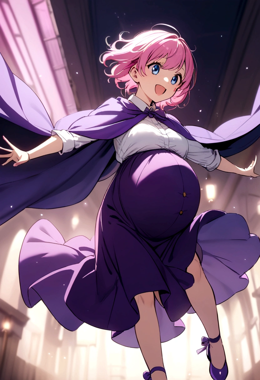 pregnant cute short young with long pink hair, blue eyes, white shirt, purple cape, purple skirt, purple heels, happy