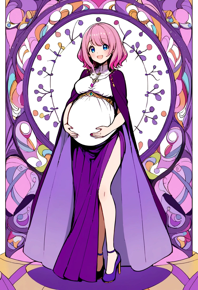 pregnant cute short young with long pink hair, blue eyes, white shirt, purple cape, purple skirt, purple heels, happy