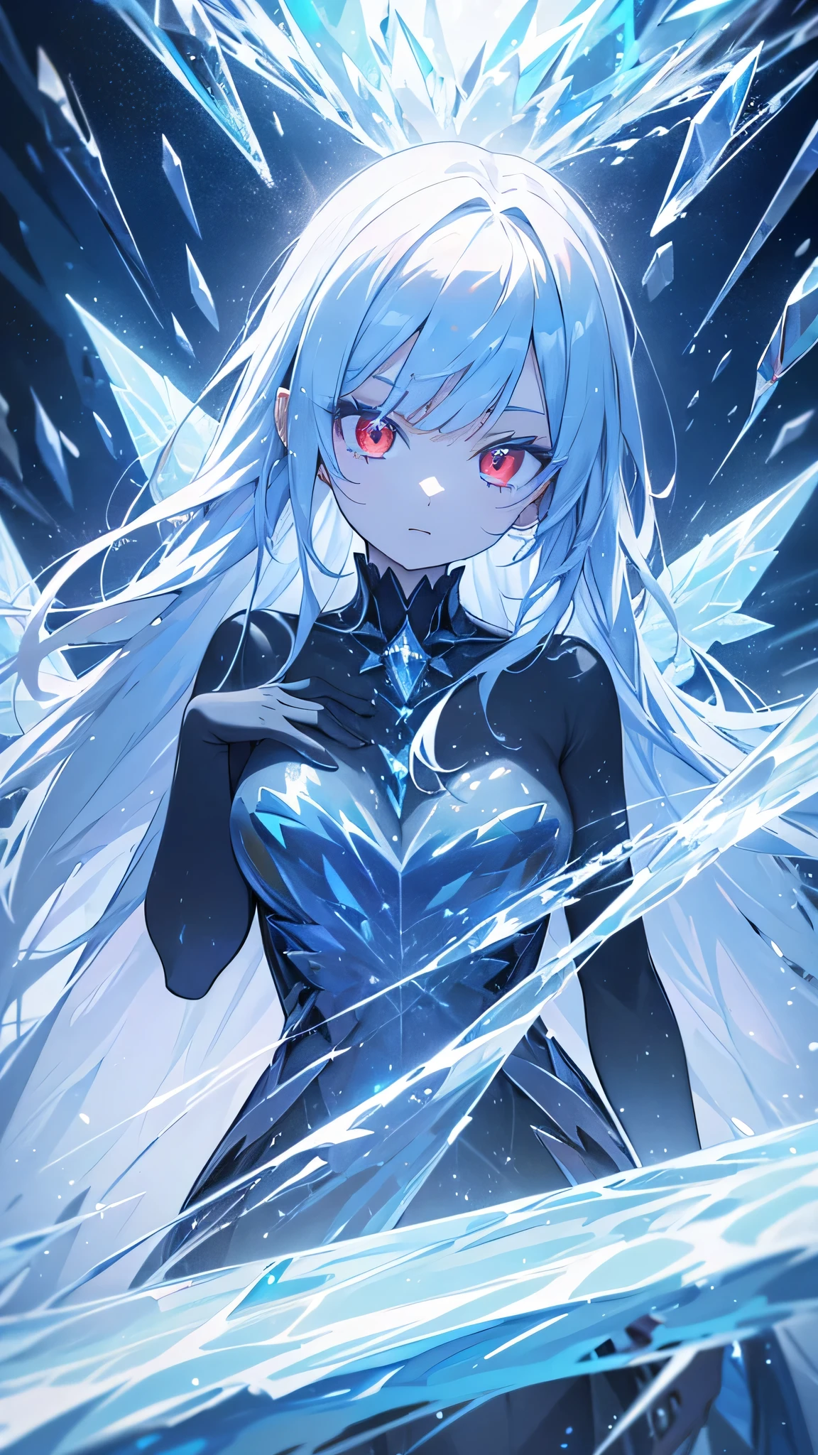 A beautiful, crystal-clear demonic girl, her hair shining like crystal, transparent ice wings, sharp piercing red eyes, an icy world, ice particles, brilliant reflections, beautiful, fantastical, best quality, 8k, hyper-detailed, masterpiece