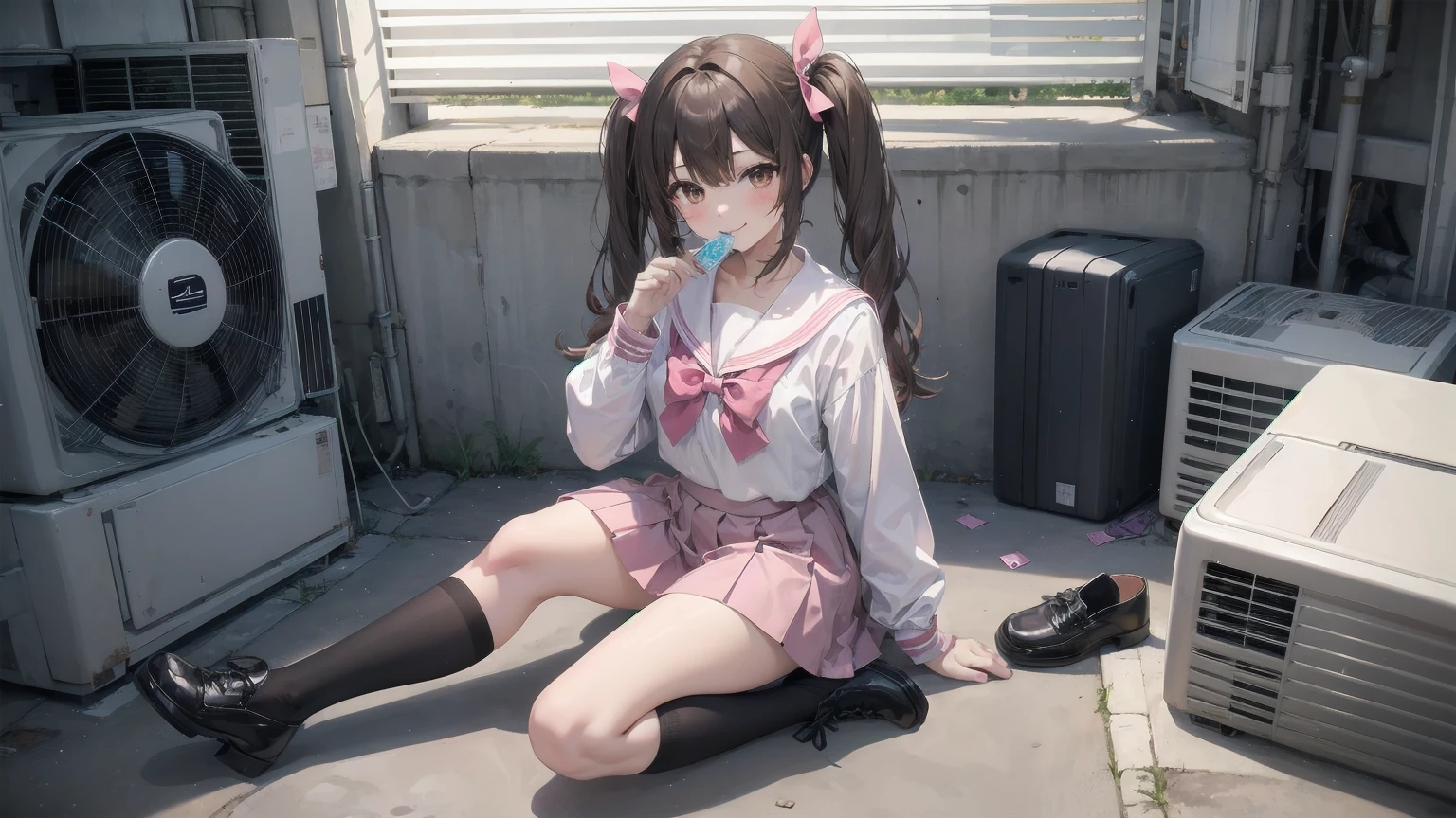 One girl, alone, View your viewers, skirt, Brown Hair, shirt, Long sleeve, bow, Twin tails, Brown eyes, , whole body, shoes, shoes下, Sailor collar, Black footwear, Twin Blade, Cosplay, blue bow, white shoes下, pink skirt, Photo Background, pink Sailor collar、Hold a condom in your mouth、A defiant smile、skirtを上げる 薄暗い裏路地、Sit on the air conditioner's outdoor unit