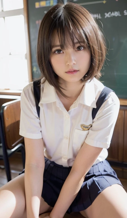 Downblouse, 15 years old school girl , munechira,(((small breasts))), looking away, leaning forward,bending over , from side above , close up, necklace ,in classroom,short sleeved button school shirt, within decolated detailed bra , short hair,sitting on chair and writing in notepad,,8K, Best Quality, Masterpiece, Ultra High Resolution, (Realism: 1.4), Original Photo, (True Skin Texture: 1.3