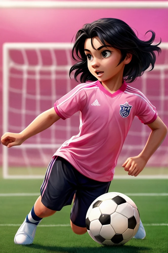 ((best quality)), ((masterpiece)), (detailed), perfect face Disney cover cute with black hair, playing soccer on a soccer field with a pink shirt pink background with soccer field