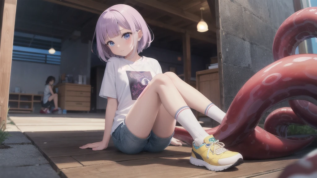 One girl,一人in,puniru,woman ,Tentacle hair,Blunt bangs,short hair,Light purple hair,Printed T-shirt,denim_Shorts,socks,sneakers,bandage one&#39;s knee,Slime,school bag,Backpack,,Yellow robin,hin,Looking_in_Audience,Wicked Smile,Anime Coloring,Anime screenshots、Hold a condom in your mouth、A defiant smile、Lifting her skirt, a dark alley、Sit on the air conditioner&#39;s outdoor unit