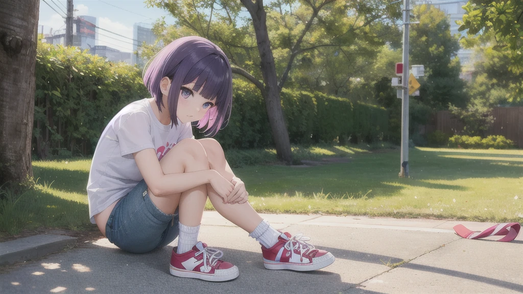 One girl,一人in,puniru,woman ,Tentacle hair,Blunt bangs,short hair,Light purple hair,Printed T-shirt,denim_Shorts,socks,sneakers,bandage one&#39;s knee,Slime,school bag,Backpack,,Yellow robin,hin,Looking_in_Audience,Wicked Smile,Anime Coloring,Anime screenshots、Hold a condom in your mouth、A defiant smile、Lifting her skirt, a dark alley、Sit on the air conditioner&#39;s outdoor unit