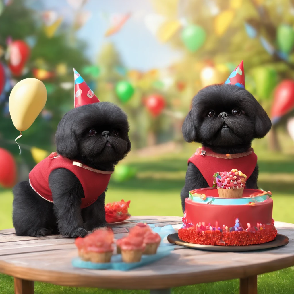 2 adorable small black shih tzus wearing red sunglasses eating cake at a birthday party in the park