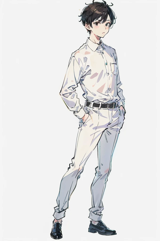boy, white background, full body, teacher, simple wear,