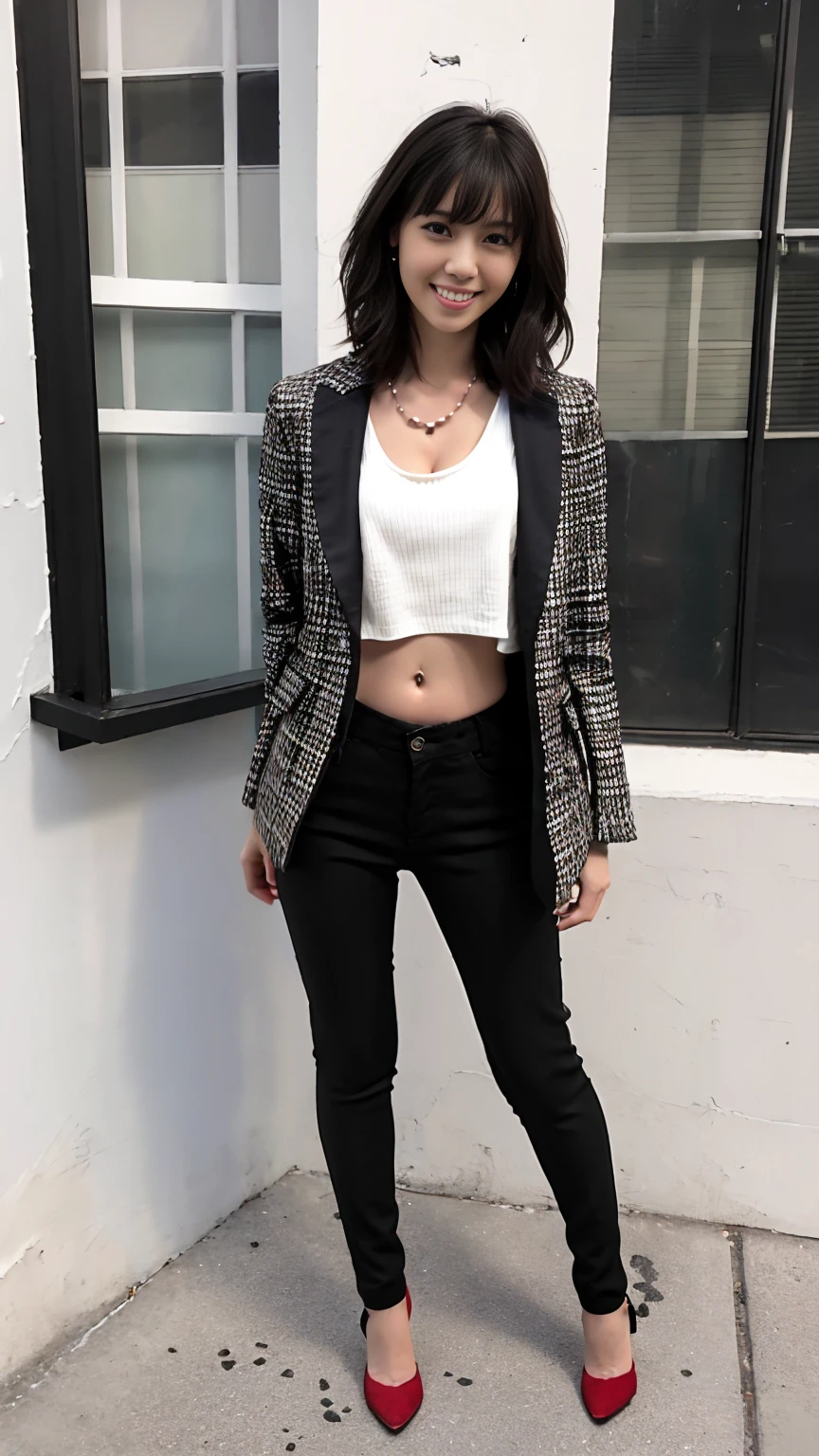 (Best Quality, Masterpiece, Photo realistic, Ultra Detailed, ultra high res, raw), (1girl), pretty, Japanese, smile, bangs, (suit jacket, skinny pants), (gigantic breasts, cleavage), (naked:1.2), (long hair| medium hair| short hair), (LowriseXL, LowwaistXL, groin:1.3), (high heels, beautiful long legs, full body), city street, navel, necklace,
