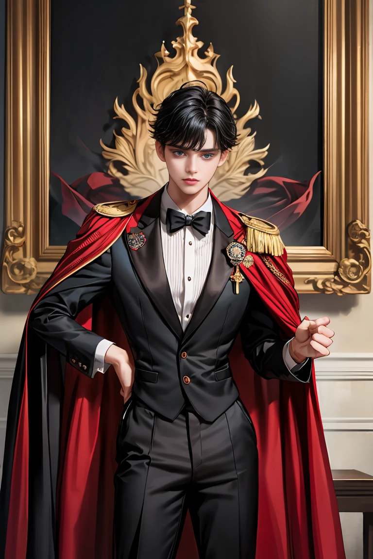 masterpiece, 最high quality, high quality, 1 boy, alone, Male focus, Watching the audience, Messy black hair, Adorable big blue eyes, White people, Noble, Noble,Sexy voluminous black and red cape、Tuxedo、A very voluminous, large, very large, very large, long, long red and black cape with a high stand-up collar, reaching down to the floor, made of a lot of fabric., 17 years old,Cute beautiful boys,Cute, cute, kind, handsome guy