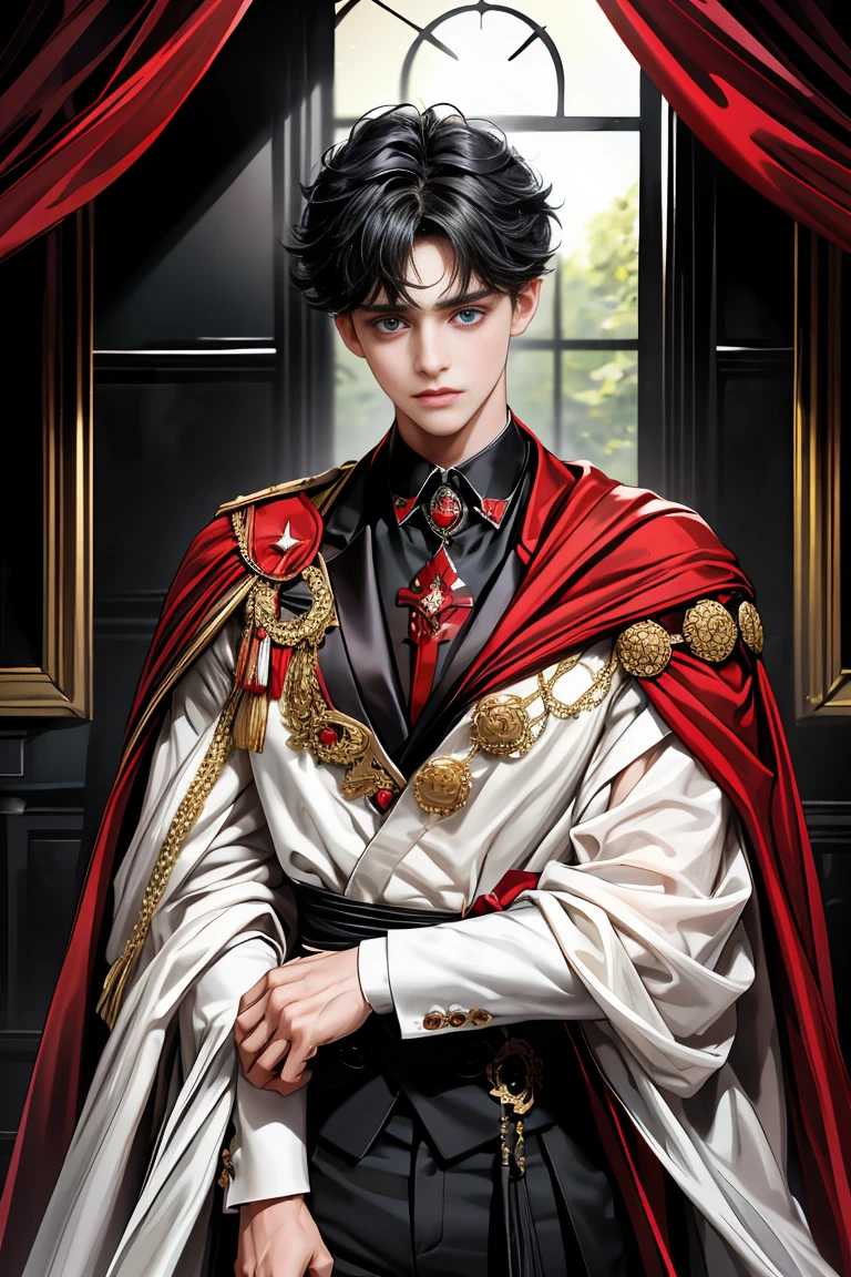 
masterpiece, 最high quality, high quality, 1 boy, alone, Male focus, Watching the audience,  Messy black hair, Adorable big blue eyes, White people, Noble, Noble,Sexy voluminous black and red cape、Tuxedo、A very voluminous, large, very large, very large, long, long red and black cape with a high stand-up collar, reaching down to the floor, made of a lot of fabric., 17 years old,Cute beautiful boys,Cute, cute, kind, handsome guy