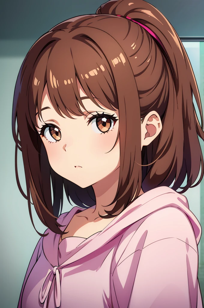 Create a girl (12 years old) with messy medium hair with a pink clip on her hair, brown hair, brown eyes and also white skin