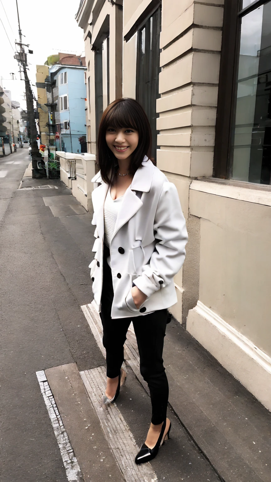 (Best Quality, Masterpiece, Photo realistic, Ultra Detailed, ultra high res, raw), (1girl), pretty, Japanese, smile, bangs, (suit jacket, skinny pants), (gigantic breasts, cleavage), (naked:1.2), (long hair| medium hair| short hair), (LowriseXL, LowwaistXL, groin:1.3), (high heels, beautiful long legs, full body), city street, navel, necklace,