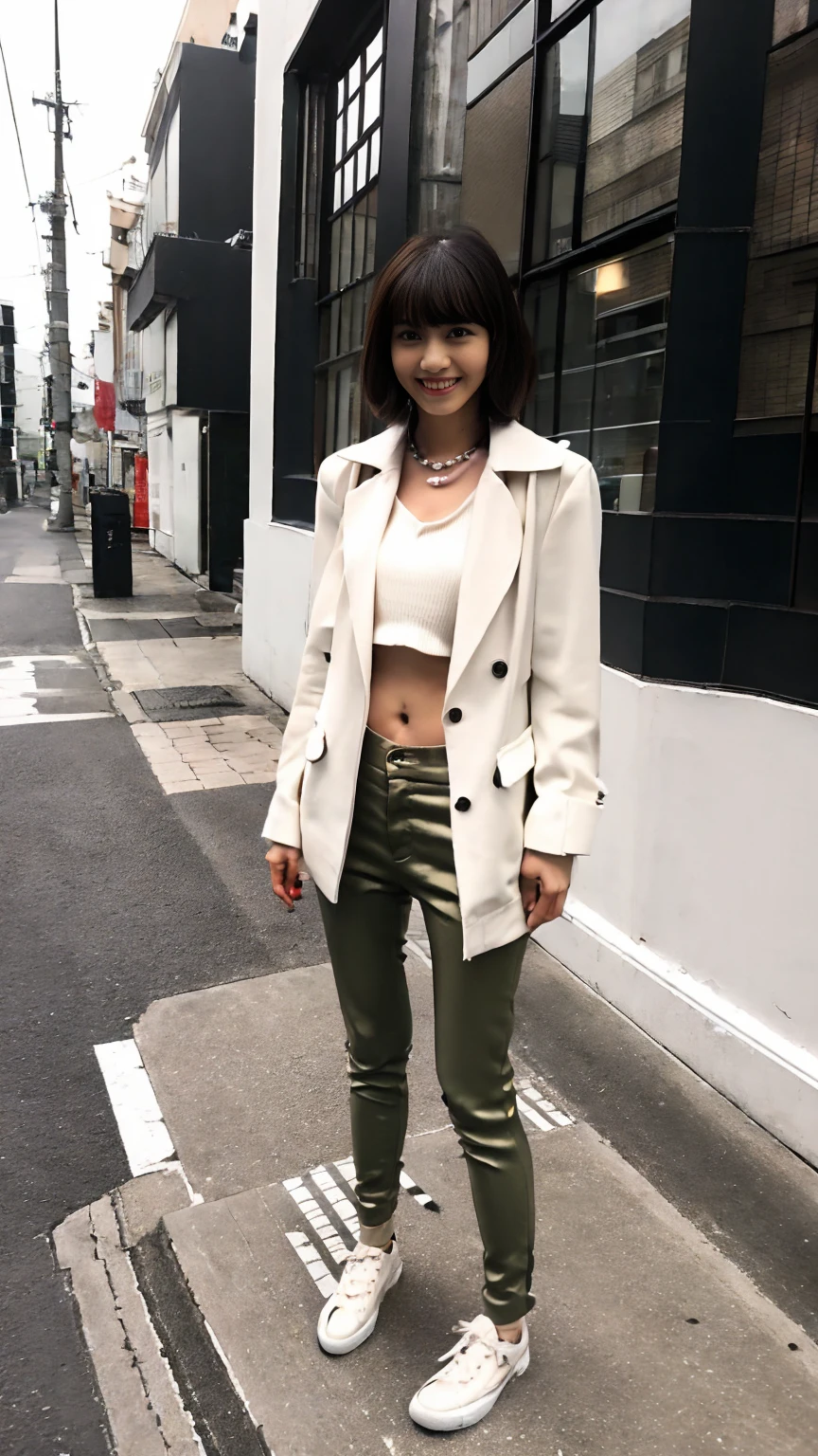 (Best Quality, Masterpiece, Photo realistic, Ultra Detailed, ultra high res, raw), (1girl), pretty, Japanese, smile, bangs, (suit jacket, skinny pants), (, ), (:1.2), (long hair| medium hair| short hair), (LowriseXL, LowwaistXL, :1.3), (high heels, beautiful long legs, full body), city street, navel, necklace,