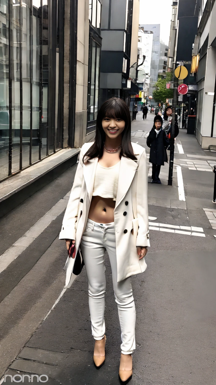(Best Quality, Masterpiece, Photo realistic, Ultra Detailed, ultra high res, raw), (1girl), pretty, Japanese, smile, bangs, (suit jacket, skinny pants), (gigantic breasts, cleavage), (naked:1.2), (long hair| medium hair| short hair), (LowriseXL, LowwaistXL, groin:1.3), (high heels, beautiful long legs, full body), city street, navel, necklace,