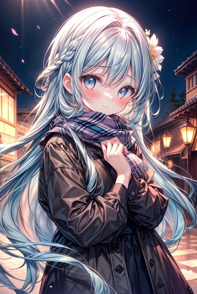 masterpiece, best quality, extremely detailed, (illustration, official art:1.1), 1 girl ,(((( light blue long hair)))), ,(((( light blue long hair)))),light blue hair, , long hair ((blush)) , cute face, big eyes, masterpiece, best quality,(((((a very delicate and beautiful girl))))),Amazing,beautiful detailed eyes,blunt bangs((((little delicate girl)))),tareme(true beautiful:1.2), sense of depth,dynamic angle,,,, affectionate smile, (true beautiful:1.2),,(tiny 1girl model:1.2),)(flat chest), 1girl, (​masterpiece),(top-quality:1.2),1girl in,(masuter piece:1.3),exquisitedetails, Highest quality 8K resolution, Ultra-detailed, Realistic, Vibrant colors, Soft tones, With warm and gentle lighting,(Beautiful plaid scarf:1.3),(Preet Pink Ruffled Ribbon Dress,) (Brown long coat:1.2) early evening,Big sunset,(Glowing hair),(Dark blue eyes:1.3),White skin, hair clips,Overflowing soft and gentle feelings,(The promenade is full of flowers),The sun's rays illuminate joy and pure love, Warm golden glow,The atmosphere is full of happiness and laughter, As if celebrating love,Sticking to ultra-detailed depictions and vivid colors. In a style that blends romanticism and realism、You can feel the depth of love,color palettes,Create an ethereal atmosphere like a dream,and the lighting is soft and diffused, Shine a gentle light on your face,The artwork is a masterpiece,