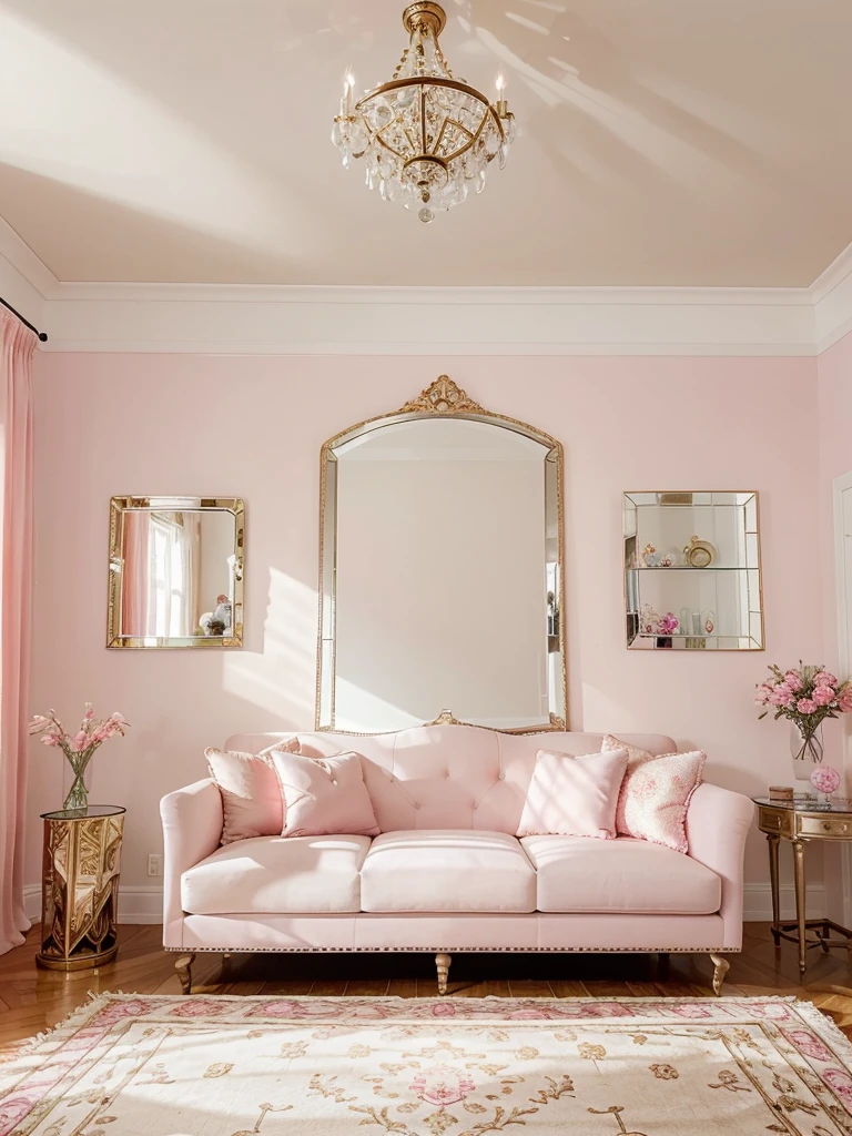 This living room is decorated in a modern high luxury style with Bright Neon Pink. The room ceilings adorned with multiple levels of long, elegant chandeliers,The large windows let in plenty of natural light, and the walls and furniture create a Bright Neon Pink and airy space. accents, such as the rug, pillows, flower and curtains, add a touch of warmth and femininity. Decorative Pieces. Candle Stands. Wall shelves. Clocks. Art. Crystals. status. The large mirror helps to reflect the light and make the room feel larger. The overall effect is a stylish and inviting living room that is perfect for relaxing or entertaining guests
