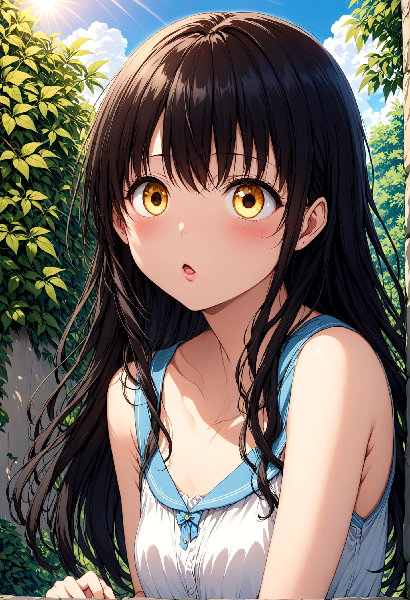 detailed, (masterpiece:1.2), (pale_skin:1.2), (alone:1.2), (woman), thin, (Shine_eye), Long Hair, bangs, Black Hair, Outdoor, Sleeveless, black eye,、eyeの間の毛、Naughty look、mocking expression、eyeが光る、Yuki Mikan