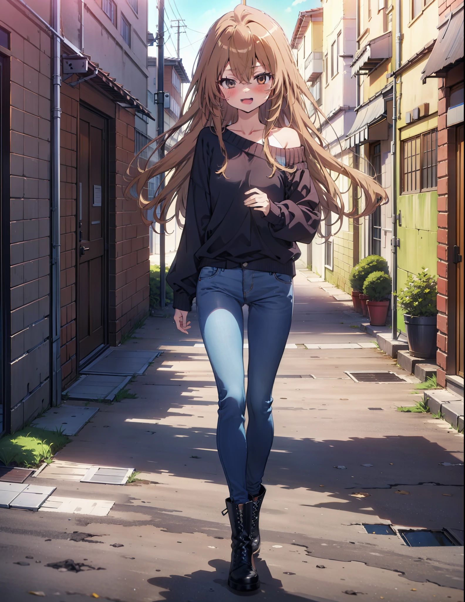 Taiga Aisaka, taiga aisaka, Long Hair, Brown Hair, Brown eyes,happy smile, smile, Open your mouth,One-shoulder sweater,Skinny jeans,short boots,Daytime,Clear skies,Walking,whole bodyがイラストに入るように,
break outdoors, Building district,
break looking at viewer, whole body,
break (masterpiece:1.2), Highest quality, High resolution, unity 8k wallpaper, (shape:0.8), (Beautiful attention to detail:1.6), Highly detailed face, Perfect lighting, Extremely detailed CG, (Perfect hands, Perfect Anatomy),