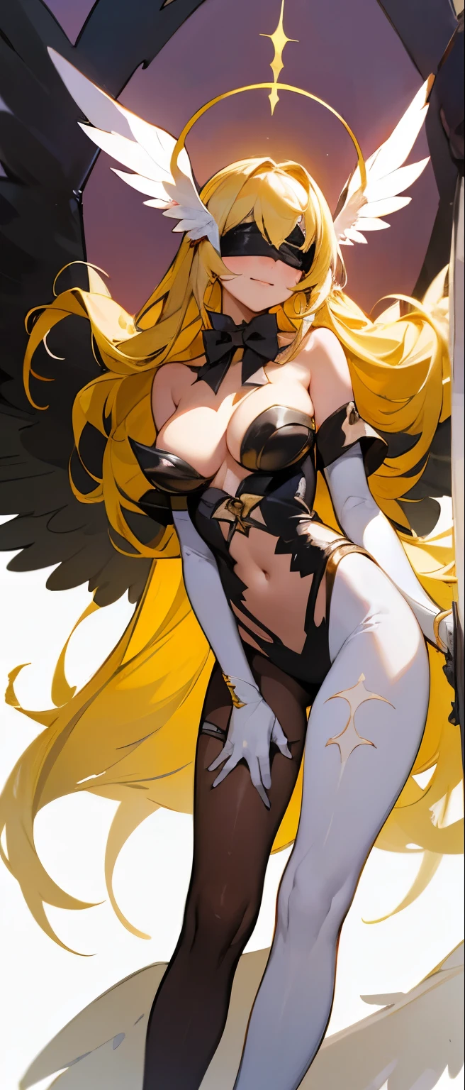 Angewomon,Full body shot,Fantasy Background,charming,Angel Gate, Long hair, helmet, Blonde hair, breast, Blindfold, wing, angel wing, multiple wing, Gloves, Bare shoulders, head wing, large breast, winged helmet, Pantyhose, Strapless bodysuit, bow tie, Smile, Cowboy shooting, Very detailed, HD, 4K, masterpiece, high resolution