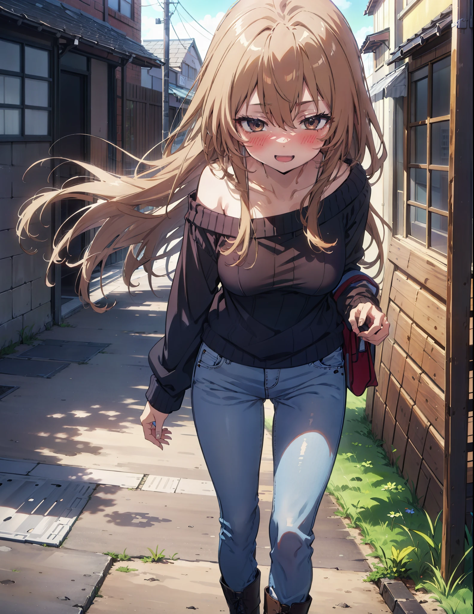 Taiga Aisaka, taiga aisaka, Long Hair, Brown Hair, Brown eyes,happy smile, smile, Open your mouth,One-shoulder sweater,Skinny jeans,short boots,Daytime,Clear skies,Walking,whole bodyがイラストに入るように,
break outdoors, Building district,
break looking at viewer, whole body,
break (masterpiece:1.2), Highest quality, High resolution, unity 8k wallpaper, (shape:0.8), (Beautiful attention to detail:1.6), Highly detailed face, Perfect lighting, Extremely detailed CG, (Perfect hands, Perfect Anatomy),