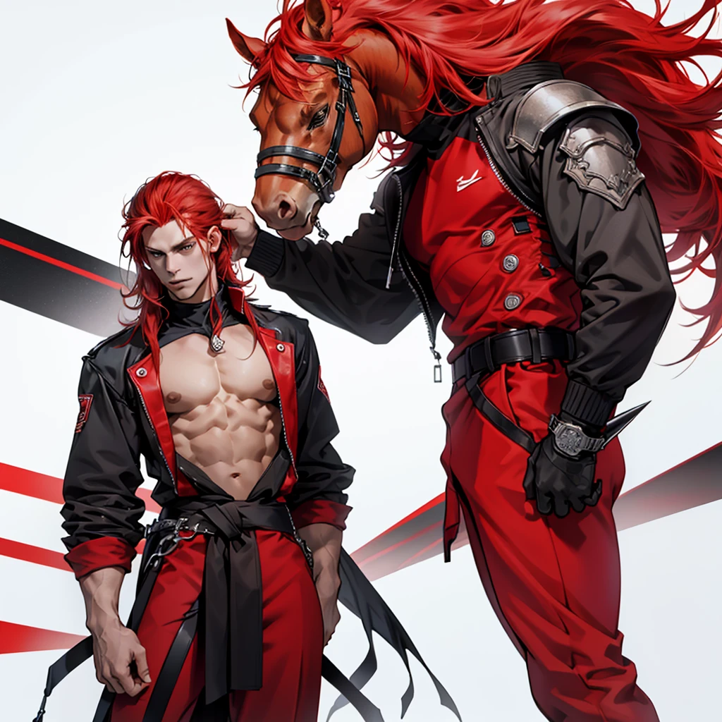 One Red haired man medium length hair in spikey poneytail. Tall and attractive. Standing in a dynamic pose. Correct anatomy