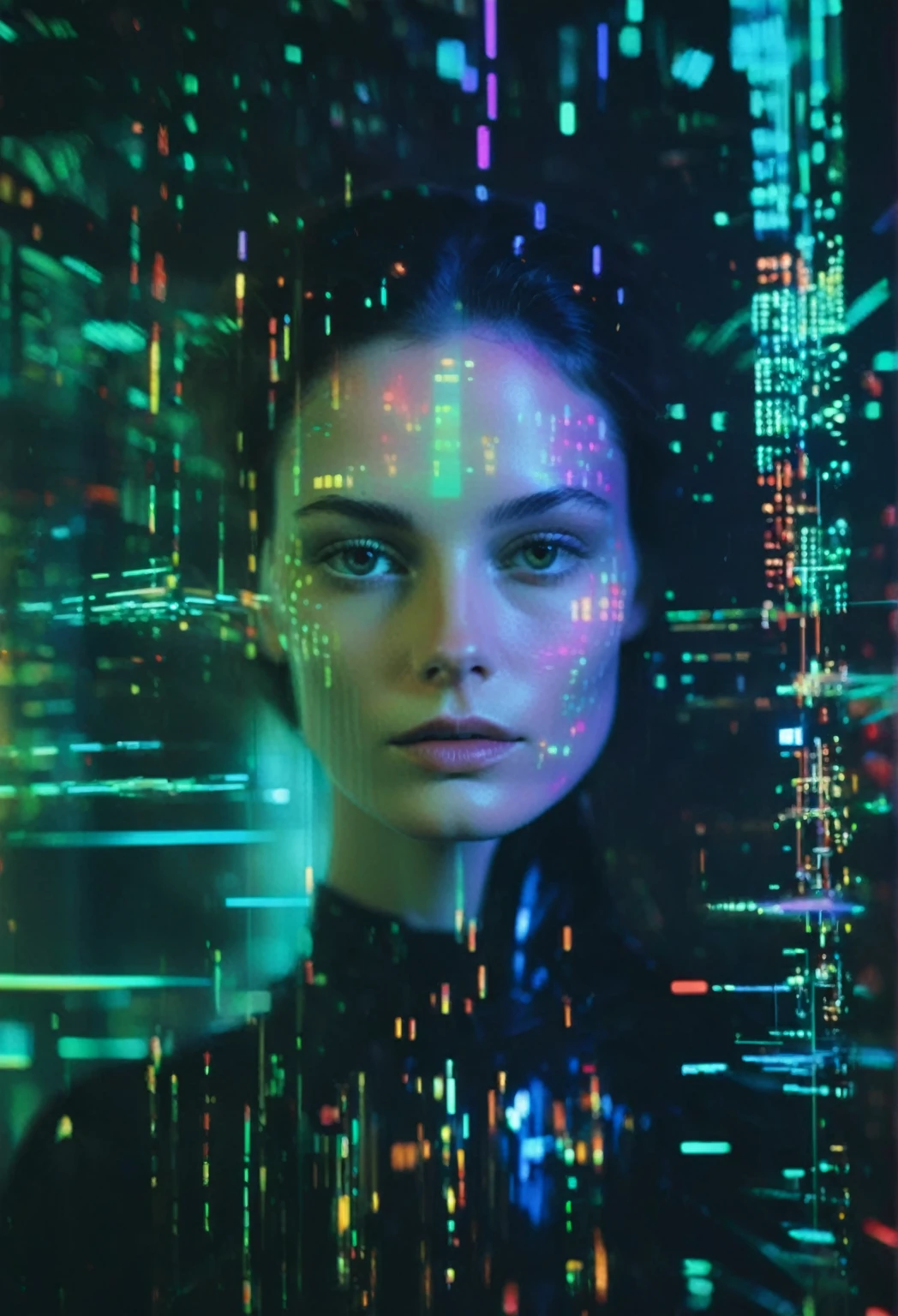 RAW Photo, a cybernetic organism, ((glitch effect):1.1), ((chromatic aberration):1.1), visual distortions, disrupted, interference, beauty, deep darks, neon lights, bokeh, masterpiece, 8K, UHD, 35mm photograph, analog AND digital