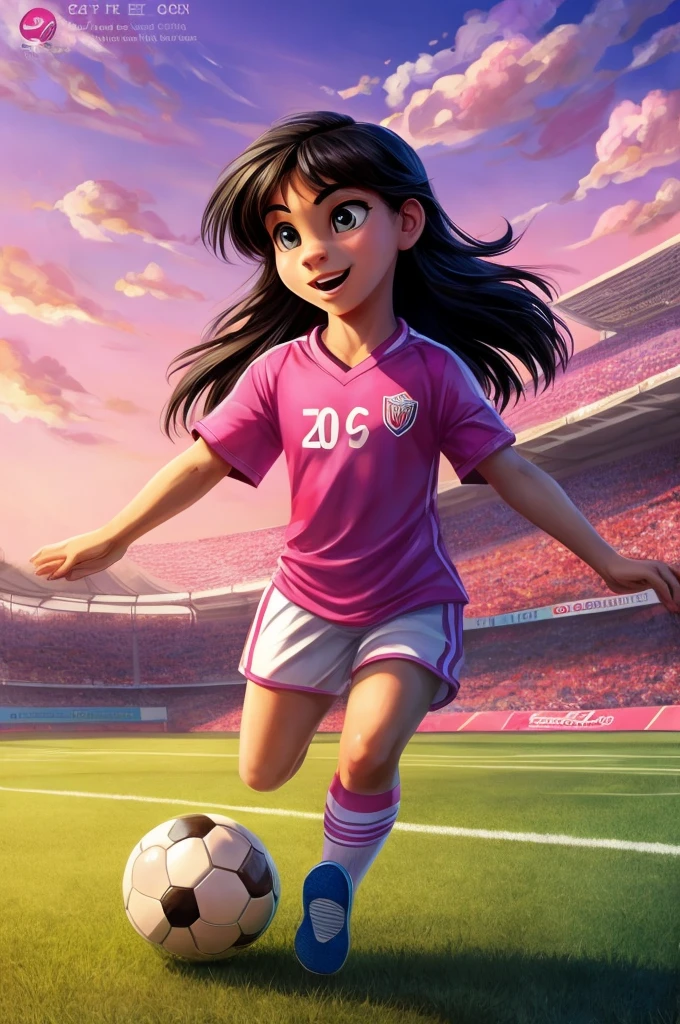 ((best quality)), ((masterpiece)), (detailed), perfect face Disney cover cute with black hair, playing soccer on a soccer field with a pink shirt pink background with soccer field