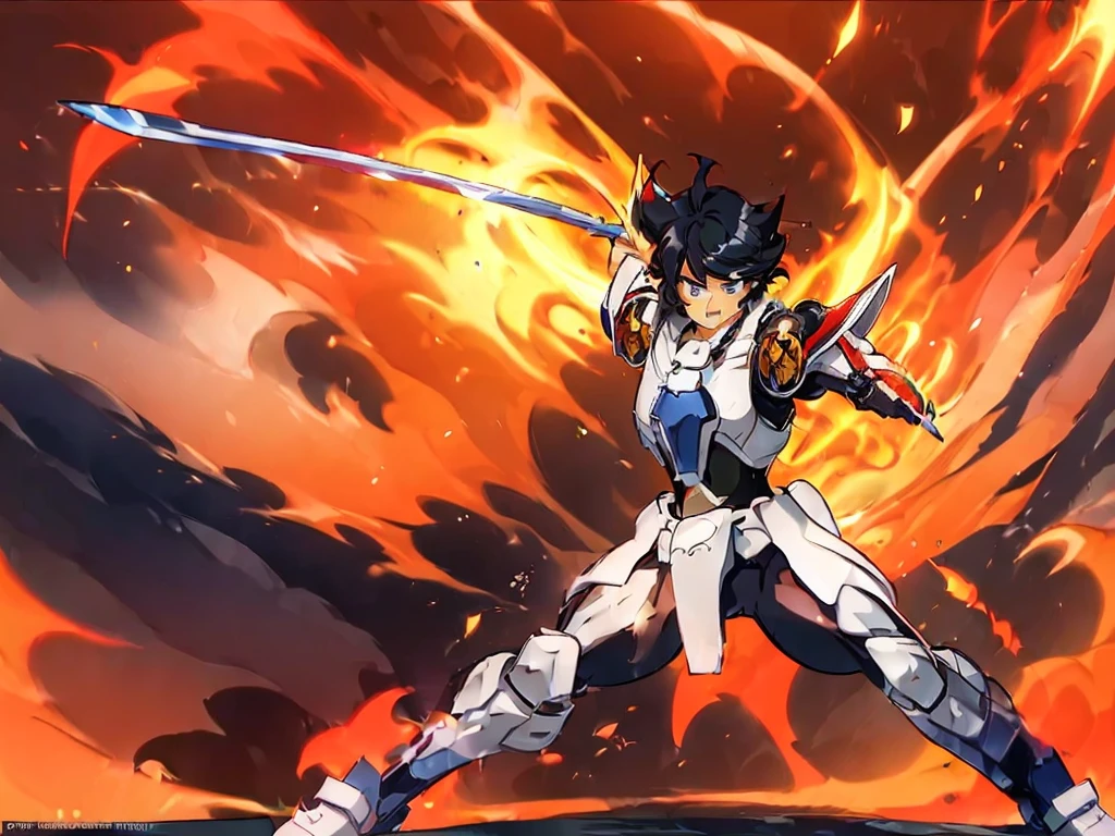 ((KIKOUTEI)), 1 male, solo, (black hair, medium long hair, messy hair, asymmetrical parted bangs, hair blowing in the wind), (blue eyes, detailed eyes), straight face, cowboy shot, (huge chest: 1.7, white armor, Emperor Ki's armor, super detailed), thin waist: 1.0, wide hips 1.4, (waist armor, Emperor Ki's, super detailed), (standing, leaning low, legs spread, holding a samurai sword), looking at the viewer, (flaming background, in fire), (front view, shot from below), holding a samurai sword in his hand, (perfect anatomy, highly detailed, anime style, clean brush strokes, retro art style, 1980s /(style/), 32k anime ultra high definition, masterpiece),