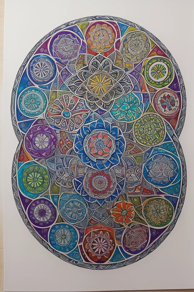 Create an abstract drawing that is related to the emotion of anger, sadness joy Passion for drawing mandalas, cooking strength of creativity,courage, sympathy Friendship values, honesty, solidarity and music tastes ,fruits and with plastic surgery