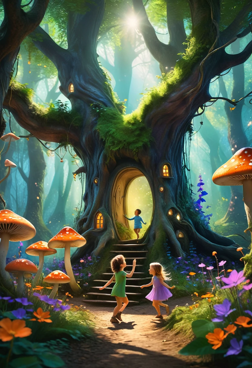 A fantastical and real illustration showing a group of children playing and exploring in a magical forest. Trees have unusual shapes and colors, with branches that twist and intertwine, creating an environment full of magic and wonder.

Children run and jump over raised roots, surrounded by bright flowers and luminous mushrooms. Pay special attention to capturing the detail and texture of their hands as they interact with this fantastical world.. Focuses on revealing skin lines, the agile fingers and the expressiveness of their gestures.

Some have stopped to observe small magical creatures that float and flutter around them, like fairies and elves. His hands extend with curiosity, seeking to touch and feel the magic that surrounds them. Others are building shelters with branches and leaves, giving life to your dreams with your hands.

The color palette is vibrant and saturated, with intense shades of green, blue, purple, orange and pink that give the scene an ethereal and dreamlike appearance. The lighting is warm and diffuse, creating an enchanted and welcoming atmosphere.

Focus on capturing joy, the curiosity and overflowing imagination of children as they interact with this fantastic world. Let every detail of your hands, from skin textures to gestures, convey a sense of wonder and unlimited possibilities."

In this version, I have specifically emphasized the importance of detailing and accurately depicting children&#39;s hands as they explore and engage with the magical elements of the forest.. I hope this updated prompt helps generate an image that captures that fantastic quality and the prominence of the hands.