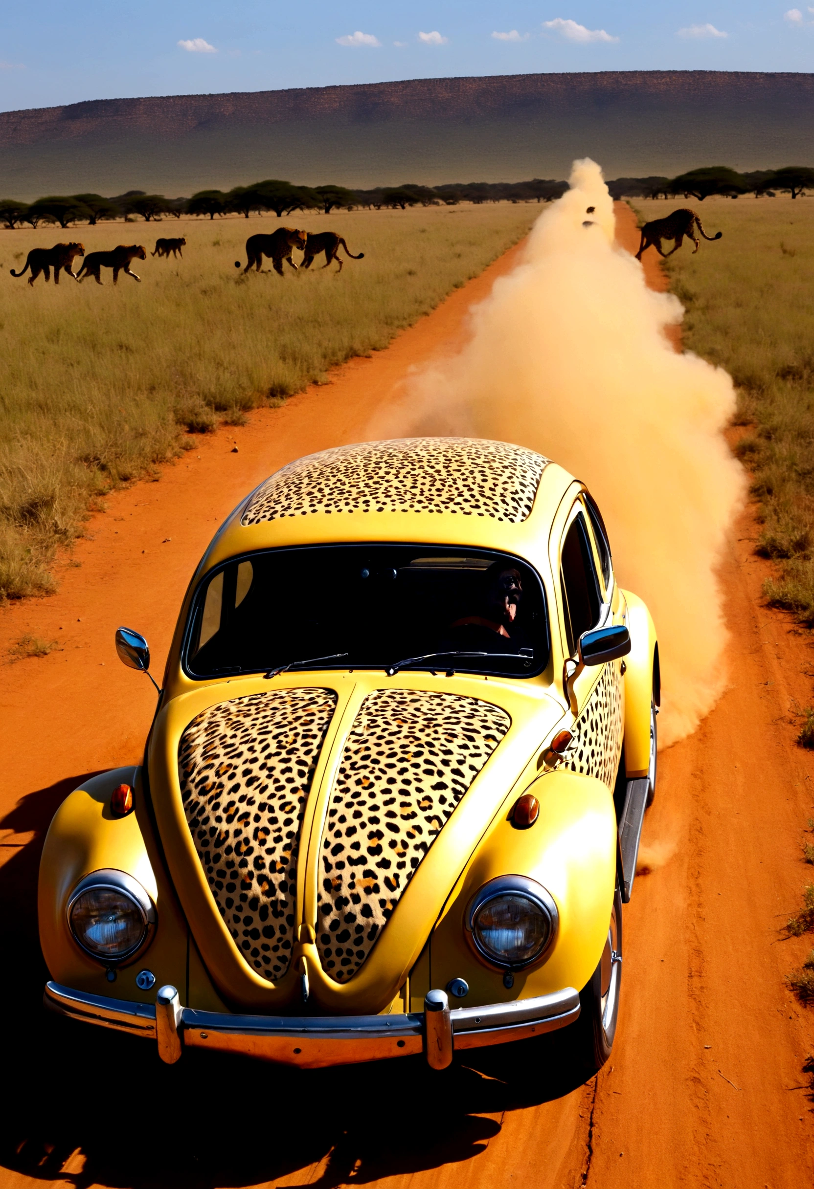 A Volkswagen beetle (Cheetah paint scheme, feline eye headlights, cheetah tail) is chasing an impala on the plains of Africa