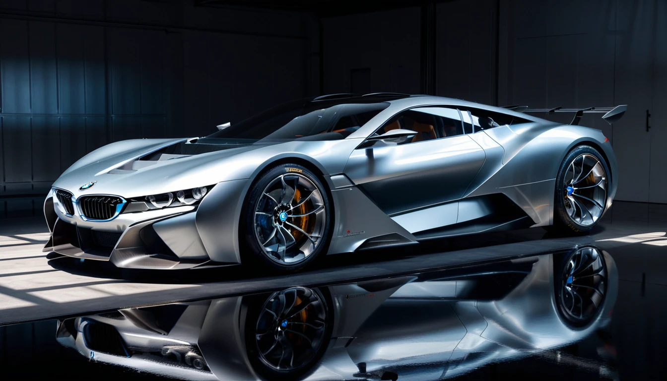 Futuristic sports car, minimalist garage, sleek design, metallic paint, studio lighting, by WETA Workshop and Vehicle Design, artstation, hyperrealistic, (shadows:1.5) for depth, (reflections:1.5) on the car body, Similar to BMW M