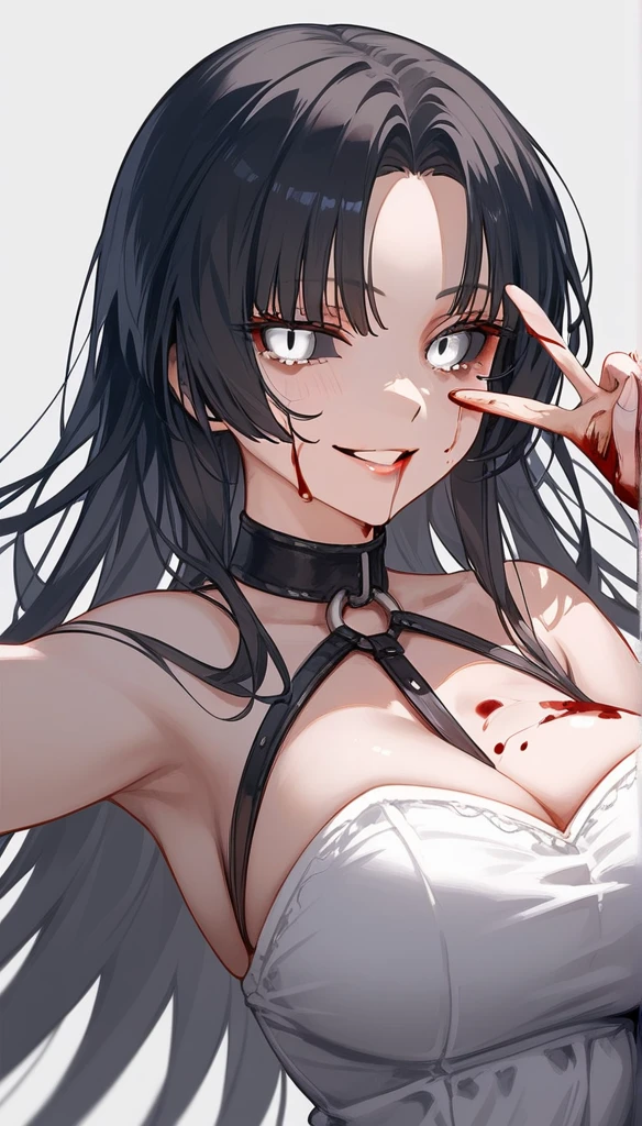 masterpiece, zoom out, score_9, score_8_up, score_7_up, portrait, 1 girl, alone, black hair, long hair, long parted bangs, white eyes, black sclera, (blood tears, small smile), evil, parted lips, expressionless, big breasts, upper body, V-neck strap basic dress, black bottom, best quality, long split bangs.