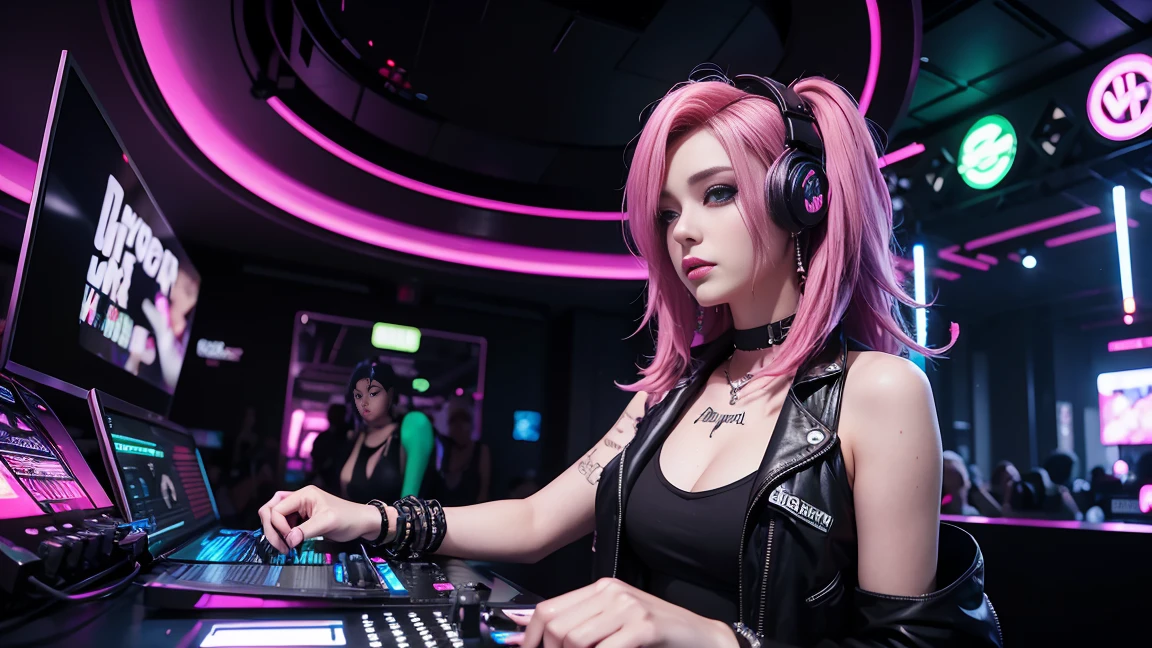 arafed woman in a black top and pink hair standing next to a DJ's mixer, rave girl, raver girl, 1 girl, DJ rave, unreal engine, rave makeup, in cyberpunk style, has cyberpunk style, rave inspired, cyber punk setting, cyberpunk vibes, cyberpunk vibe, beautiful cyberpunk woman model, cyberpunk style color, woman holds her headphones down with one hand.