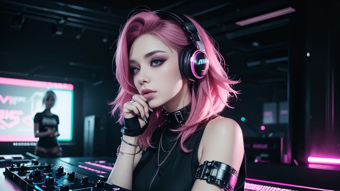 arafed woman in a black top and pink hair standing next to a DJ's mixer, rave girl, raver girl, 1 girl, DJ rave, unreal engine, rave makeup, in cyberpunk style, has cyberpunk style, rave inspired, cyber punk setting, cyberpunk vibes, cyberpunk vibe, beautiful cyberpunk woman model, cyberpunk style color, woman holds her headphones down with one hand.
