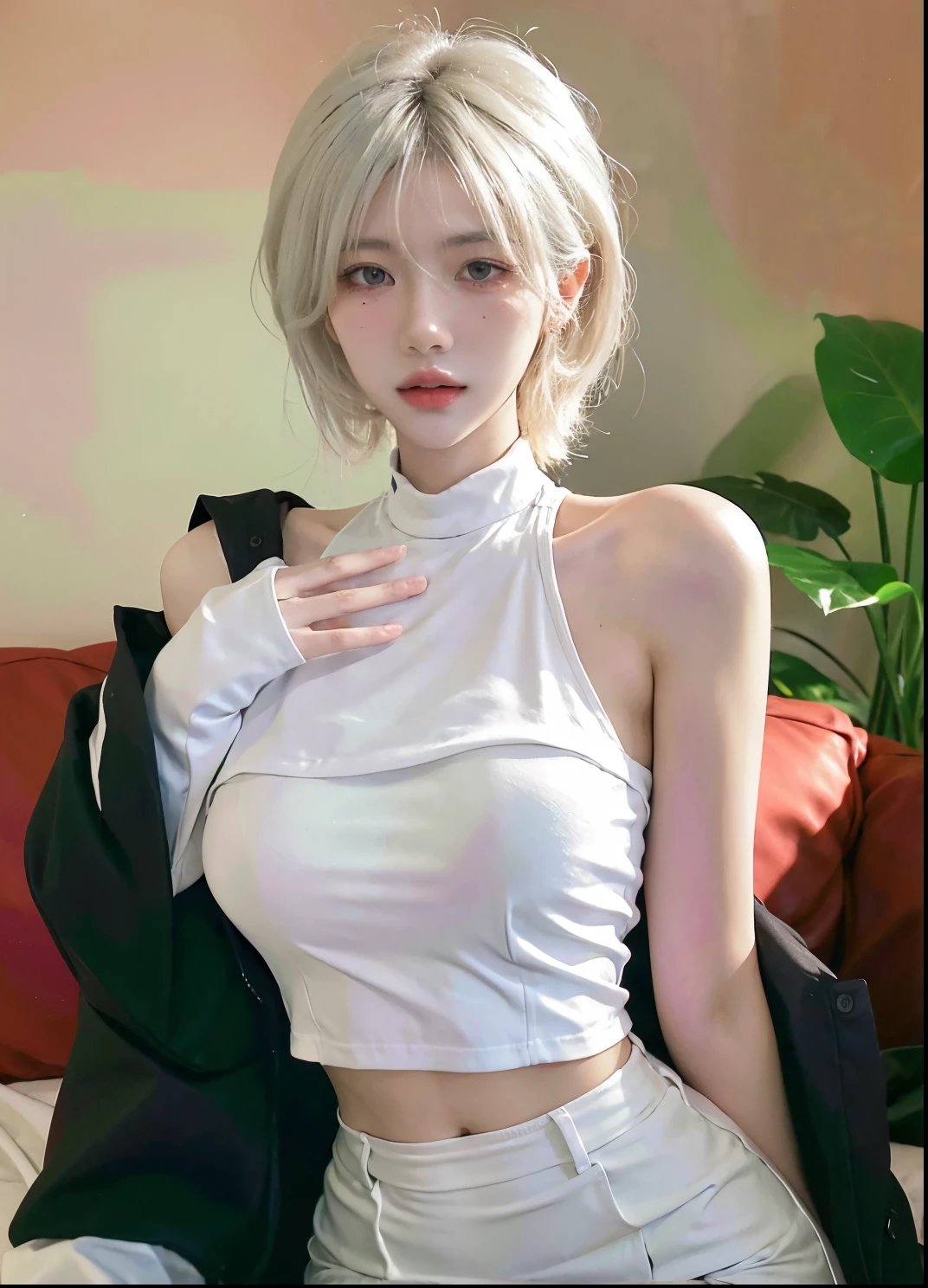 Beautiful woman with perfect figure:1.4，Ultra-high resolution，White background，（Realism:1.4)，Layered hairstyle，White skin，JK:1.5，Super short pleated skirt，whole body：1.4，Very delicate and skin texture，Double eyelids，Skin Whitening，short hair，White hair
