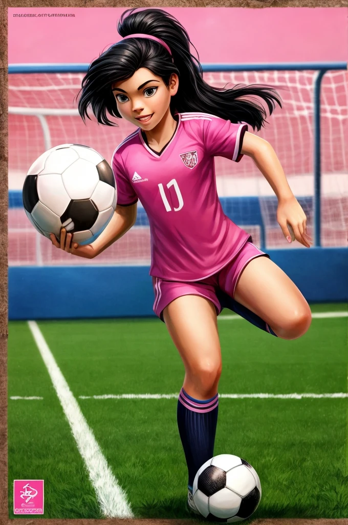 ((best quality)), ((masterpiece)), (detailed), perfect face Disney cover cute  with black hair, playing soccer on a soccer field with a worn pink shirt with a soccer ball on the foot pink background with soccer field