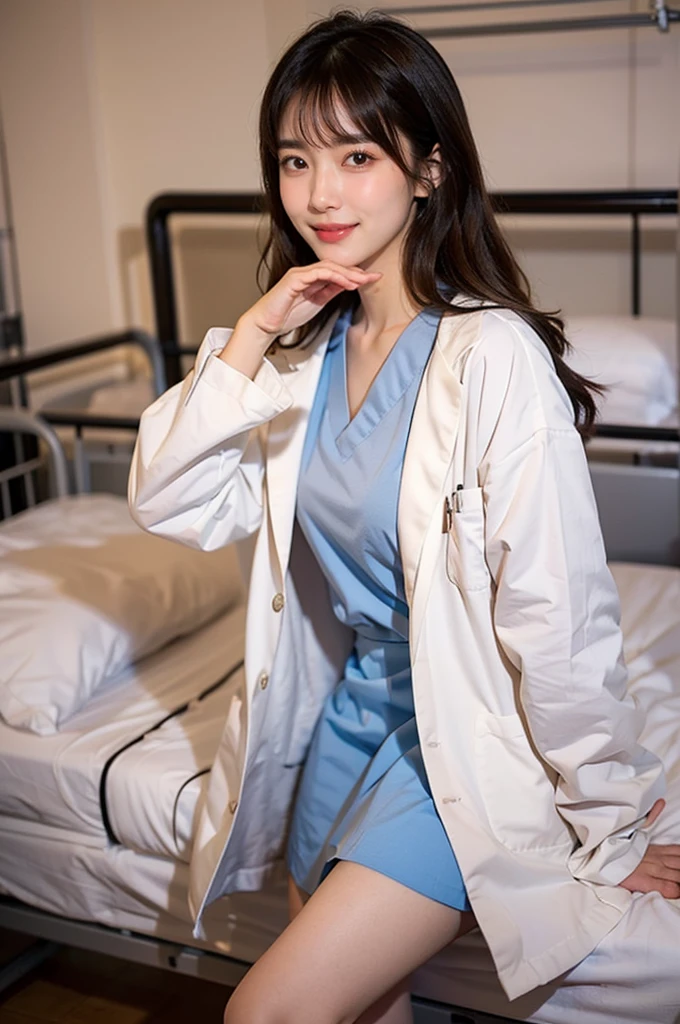 POV, (ojou-sama pose:1.5), (Cowboy shot:1.2), (masterpiece:1.3), high resolution, ultra detailed, extremely detailed CG unity 8k wallpaper, realistic, photo-realistic, RAW photo, beautiful detailed face, Korean woman, pale skin, realistic skin, detailed cloth texture, detailed hair texture, Perfect proportion, Beautiful Face, accurate, Anatomically correct, Highly detailed face and skin texture, natural neck length, (beautiful hands), (fair skin:1.2), Thin legs, Thin feet, BREAK Detailed eyes, symmetrical eyes, Light Brown eyes, Double eyelids, Thin eyebrows, (Glossy lips:1.4), (Goddess smile:1.2), BREAK (A Classy and Cute girl:1.3), (Wearing labcoat:1.2), (medium large breasts:1.2), (slender figure), (Dark brown hair, wavy hair), ((Medium long hair, asymmetrical bangs:1.2)), (looking at viewer:1.2), From front, BREAK, (hospital bed:1.2),