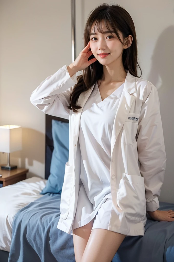 POV, (ojou-sama pose:1.5), (Cowboy shot:1.2), (masterpiece:1.3), high resolution, ultra detailed, extremely detailed CG unity 8k wallpaper, realistic, photo-realistic, RAW photo, beautiful detailed face, Korean woman, pale skin, realistic skin, detailed cloth texture, detailed hair texture, Perfect proportion, Beautiful Face, accurate, Anatomically correct, Highly detailed face and skin texture, natural neck length, (beautiful hands), (fair skin:1.2), Thin legs, Thin feet, BREAK Detailed eyes, symmetrical eyes, Light Brown eyes, Double eyelids, Thin eyebrows, (Glossy lips:1.4), (Goddess smile:1.2), BREAK (A Classy and Cute girl:1.3), (Wearing labcoat:1.2), (medium large breasts:1.2), (slender figure), (Dark brown hair, wavy hair), ((Medium long hair, asymmetrical bangs:1.2)), (looking at viewer:1.2), From front, BREAK, (hospital bed:1.2),
