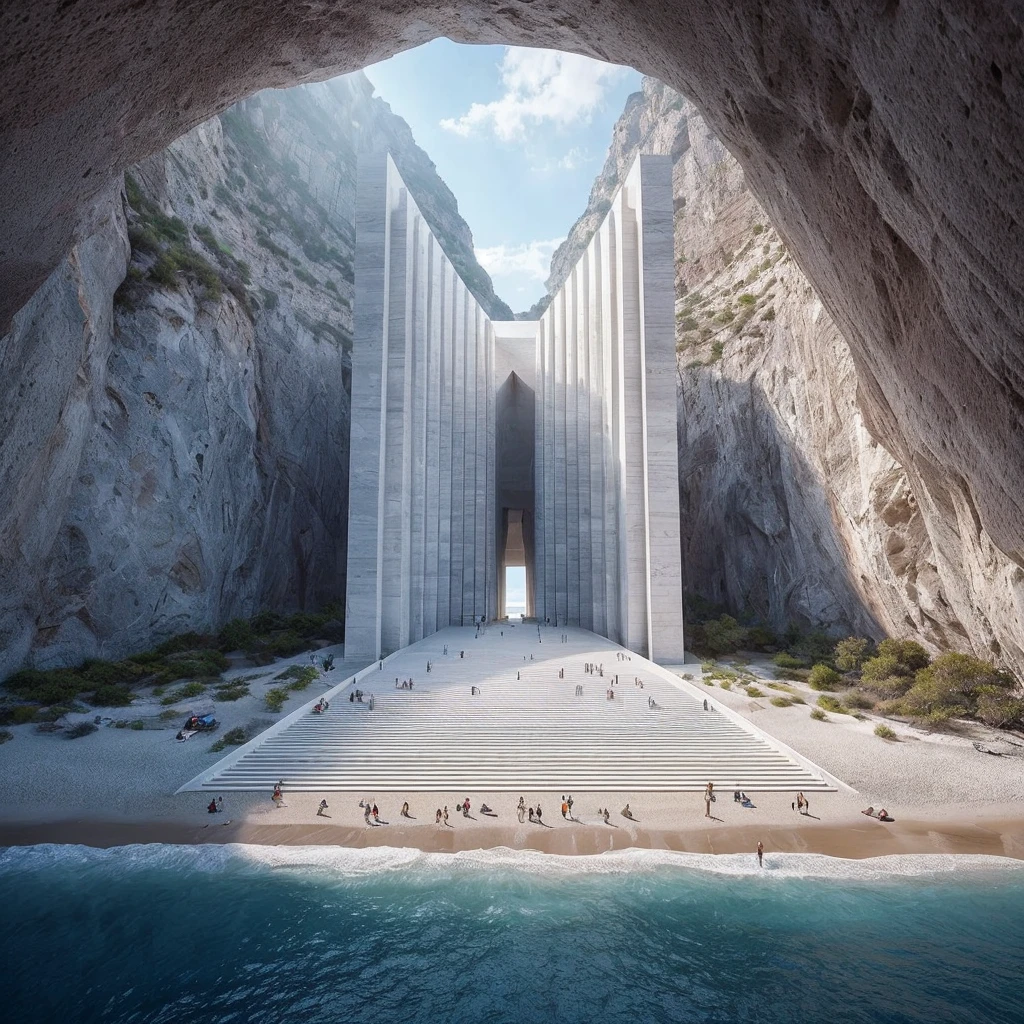 Generates an image of an imposing modern architectural structure located between two rock walls of a canyon. The two-line structure must have a symmetrical and minimalist design., with clean lines and predominantly white and gray materials, similar to a huge marble building. The main entrance should be a tall, narrow portal that allows sunlight to pass through.. In front of the structure, there must be a wide staircase leading to a white sand beach with clear blue water. Add multiple people to the scene, scattered both on the stairs and on the beach, to give an idea of the monumental scale of the building. Lighting should be natural, with soft sunlight illuminating the scene, creating a serene and majestic environment