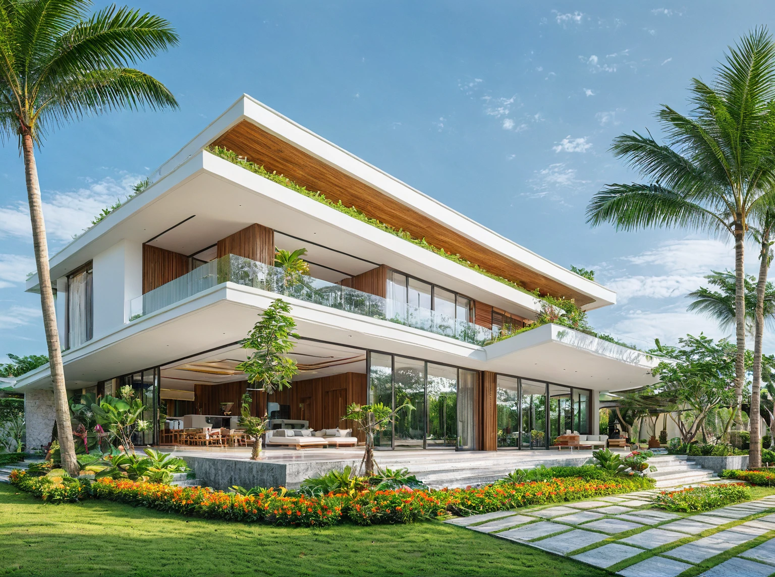 (((modern villa))), modern material, daytime, bright sky, tropical tree around the villa, people and car, 3d render, best quality