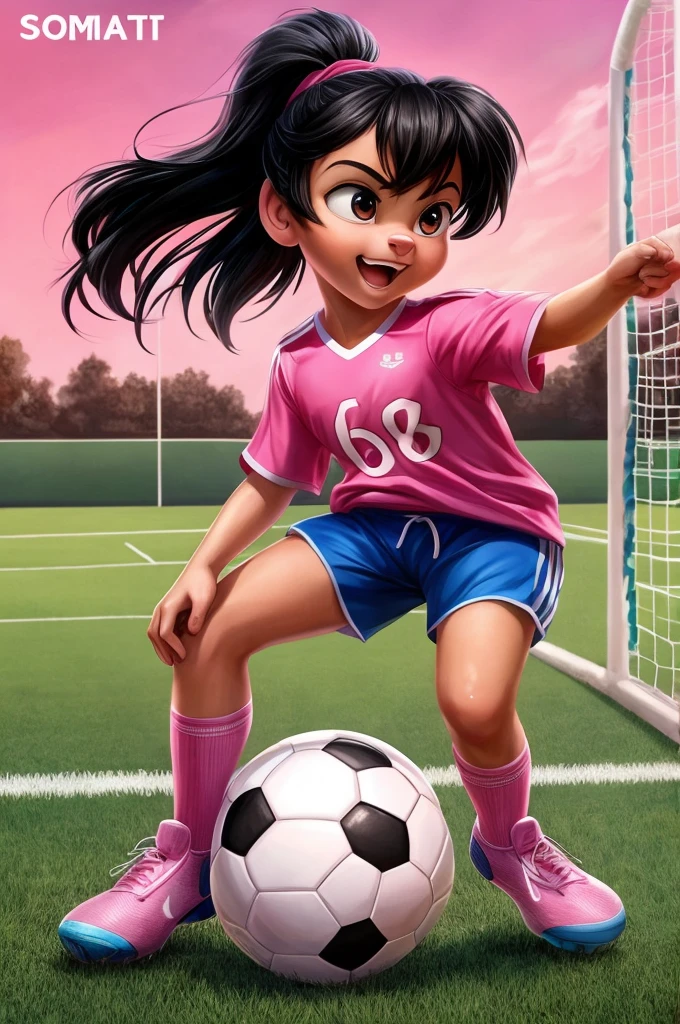 ((best quality)), ((masterpiece)), (detailed), perfect face Disney cover cute  with black hair, playing soccer on a soccer field with a worn pink shirt with a soccer ball on the foot pink background with soccer field