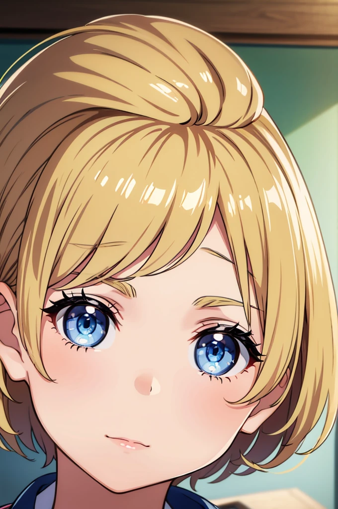 Create a girl (12 years old) with short blonde hair, blue eyes and clear skin