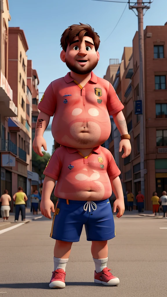 player Messi is in the middle of the street, and he is very fat, he is shirtless and there are many people on the street laughing at him, the day is sunny