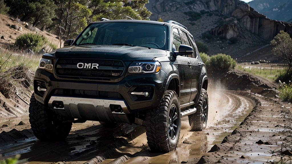 brutal black SUV with large mud tires driving off-road